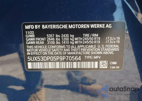 2023 BMW X3 xDrive30I from USA, damaged, VIN 5UX53DP05P9P70564